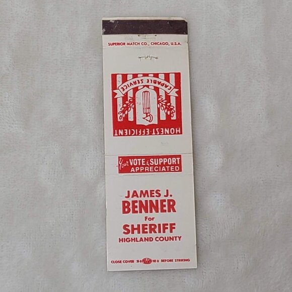 Vintage James J Benner Highland County Ohio Sheriff Matchbook Cover - Picture 3 of 4